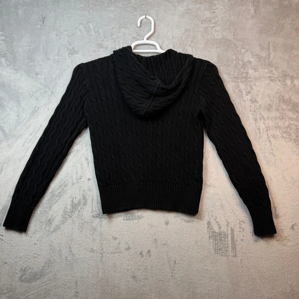Ralph Lauren Hoodie Girl XL 16 Black Cable Knit Full Zip Sweater Pony Classic